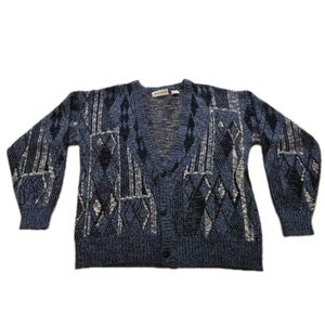 VTG 90s Michael Gerard Cardigan Men's Large Blue Black Geometric Diamond Cobain